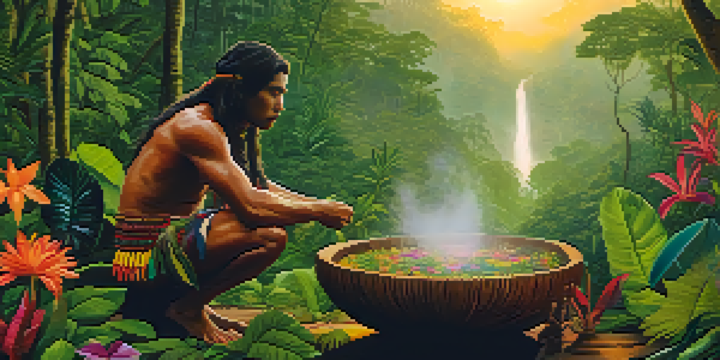 A shaman preparing ayahuasca in a lush Amazon rainforest at dawn, with mist and colorful flowers around.