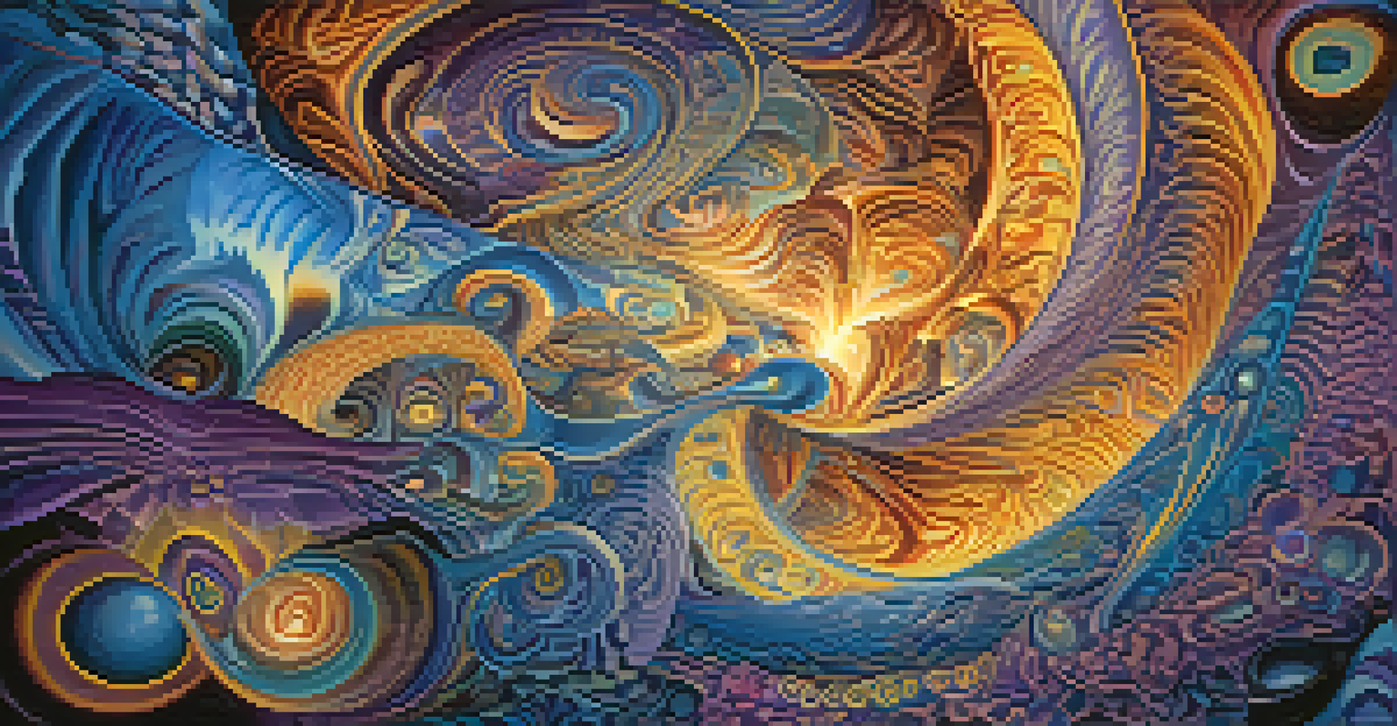 An abstract representation of a DMT experience with swirling colors and ethereal shapes, featuring otherworldly entities.