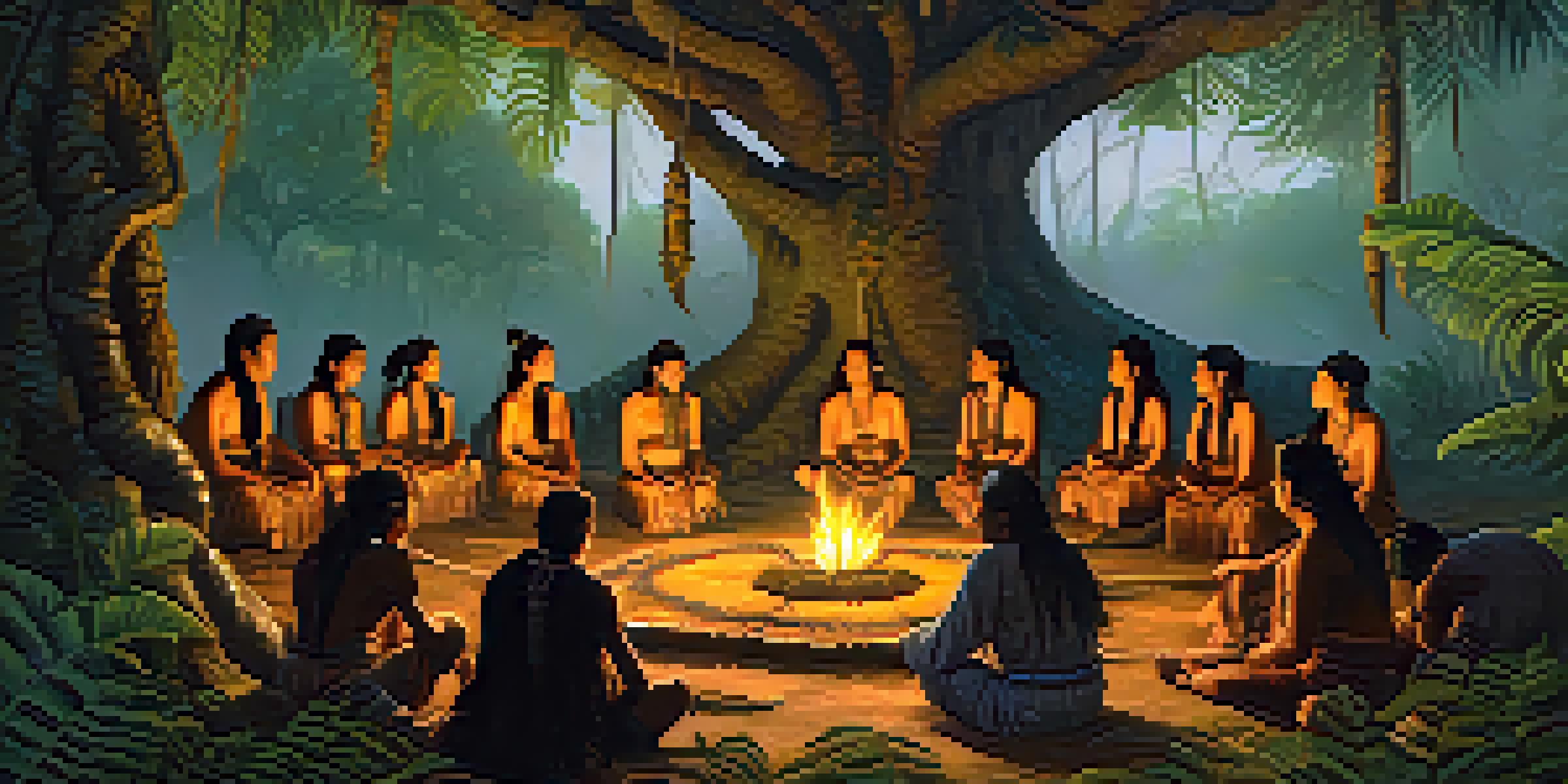 A tranquil Amazonian jungle scene at dusk with individuals participating in an Ayahuasca ceremony, surrounded by lush greenery and warm golden light.
