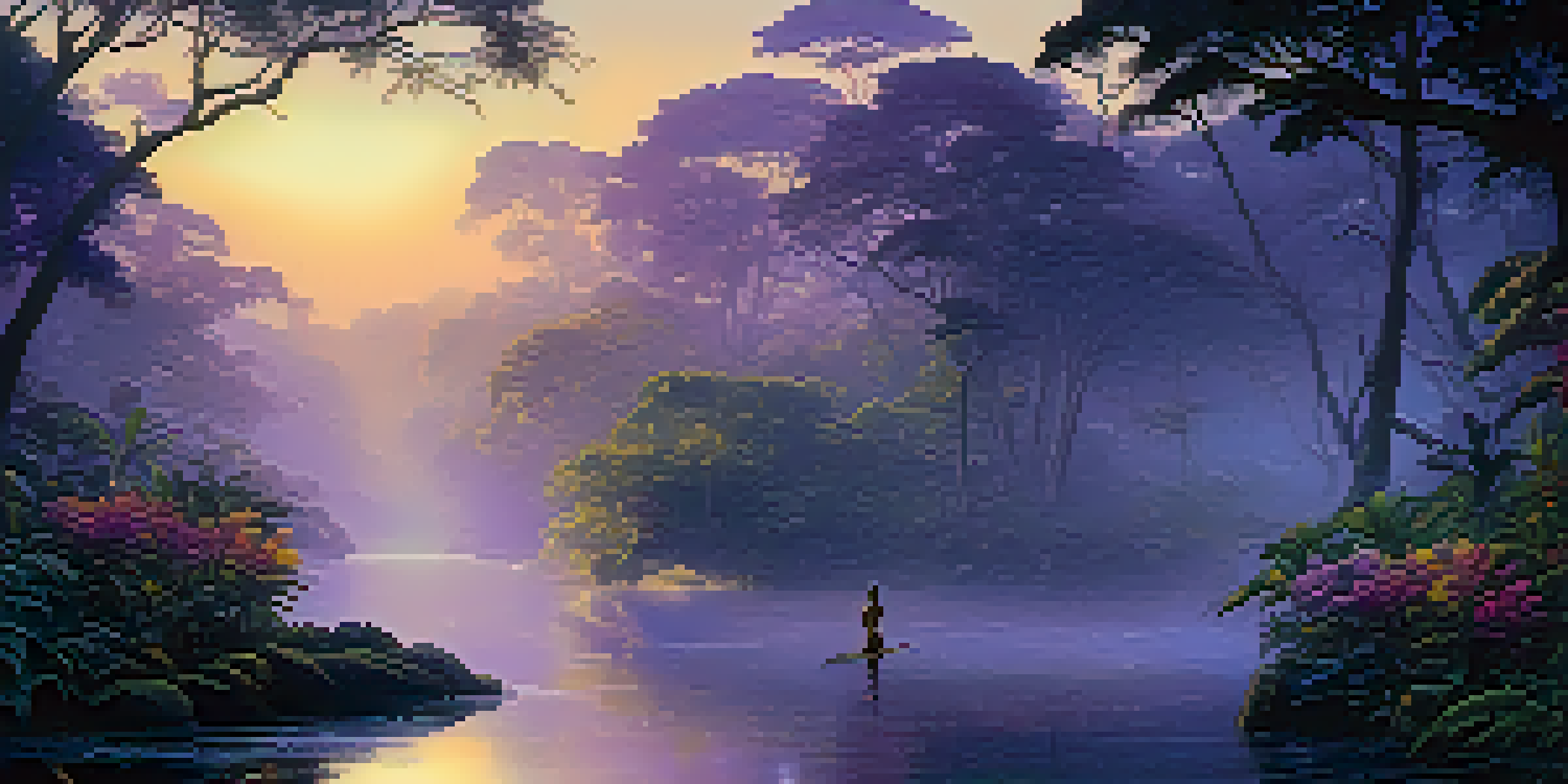 A tranquil Amazon rainforest at dawn with golden light, a flowing river, and colorful flowers, depicting a shaman preparing for a ritual.