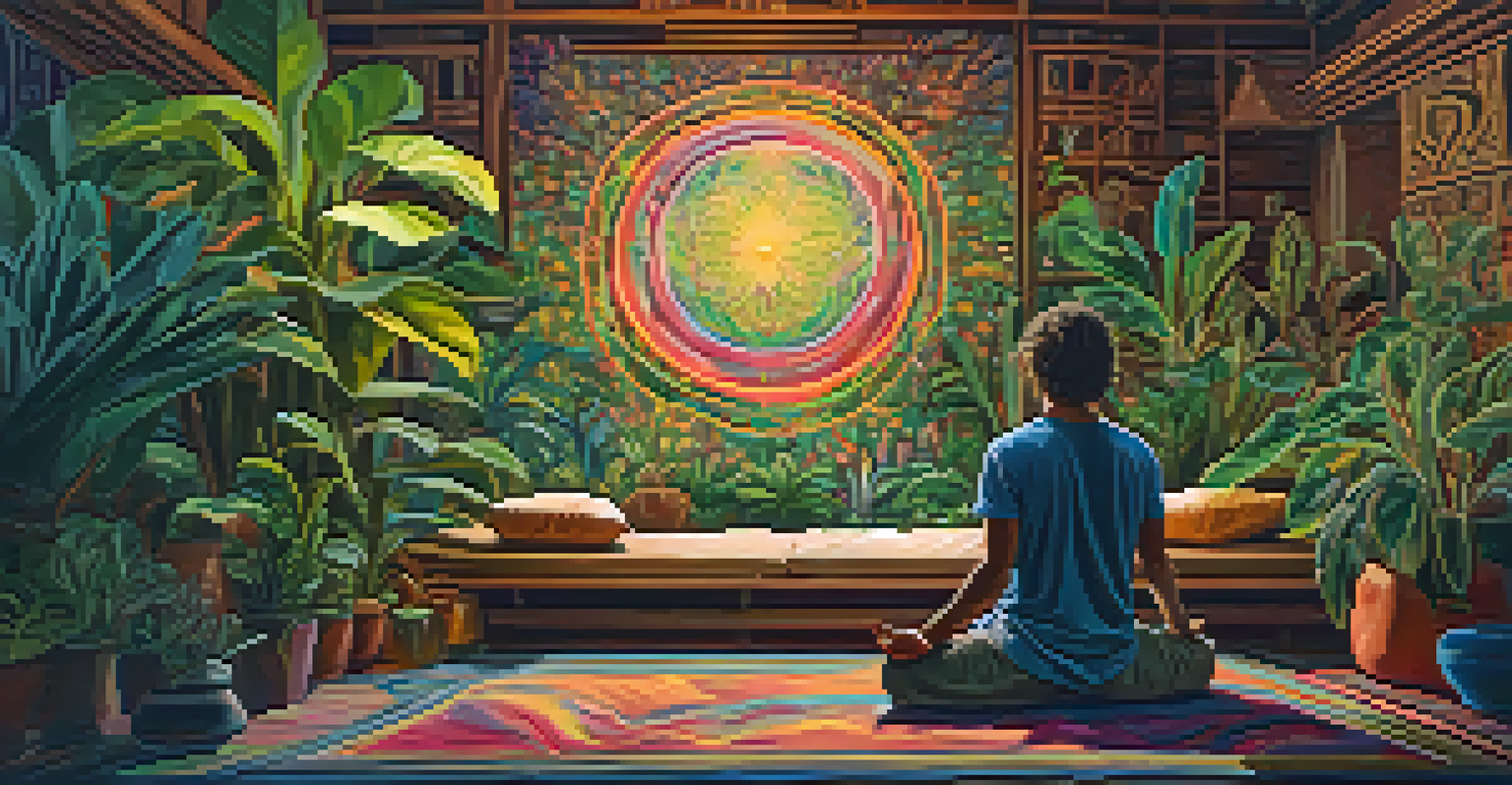 A person meditating in a cozy room surrounded by plants and colorful abstract visions.