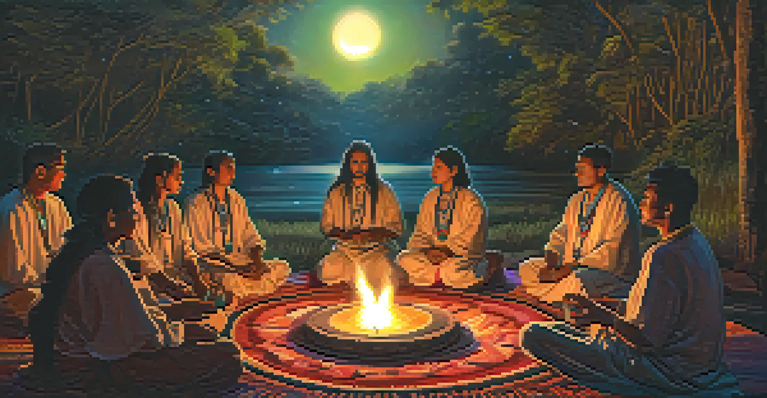 A traditional ayahuasca ceremony at night, with a shaman and participants around a fire under a starry sky.