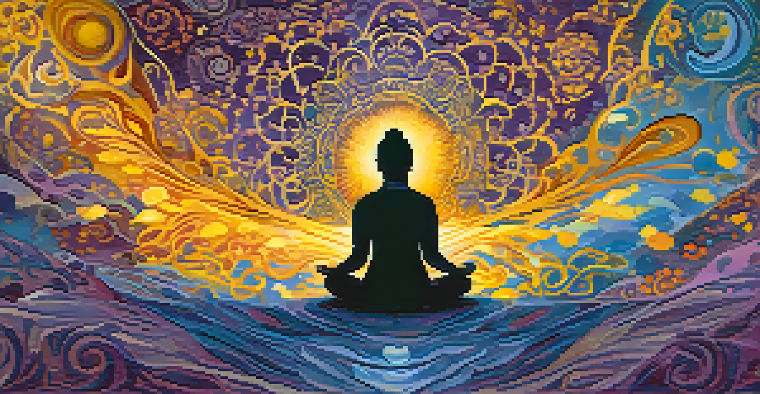 A silhouette of a person meditating amidst swirling colors and dreamlike patterns, symbolizing self-discovery.