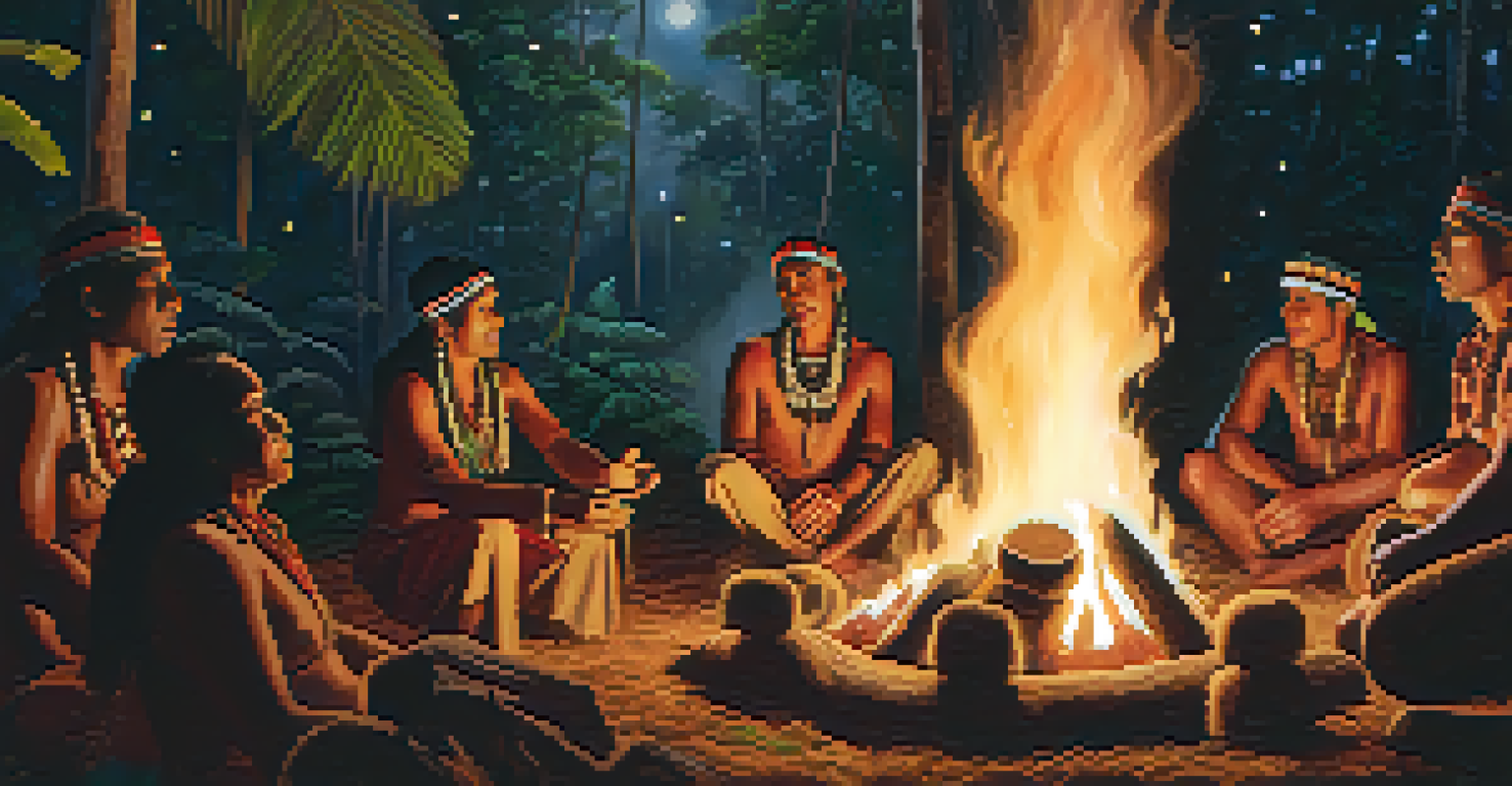 Indigenous individuals in traditional attire gathered around a ceremonial fire in the rainforest, singing and sharing stories under a starry night sky.