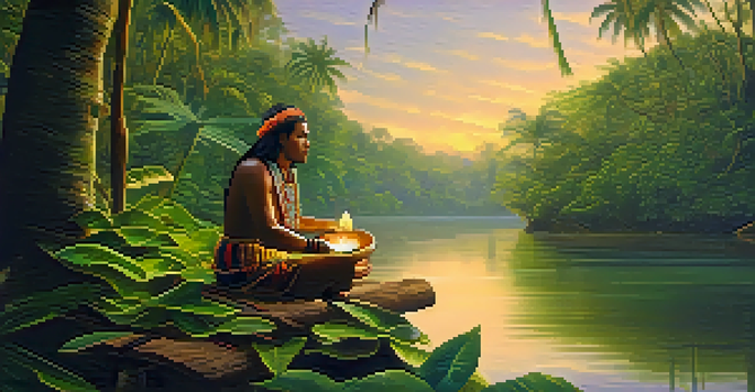 A tranquil scene of the Amazon rainforest at dawn, featuring a wooden hut, a river, and a shaman meditating with a bowl of Ayahuasca.