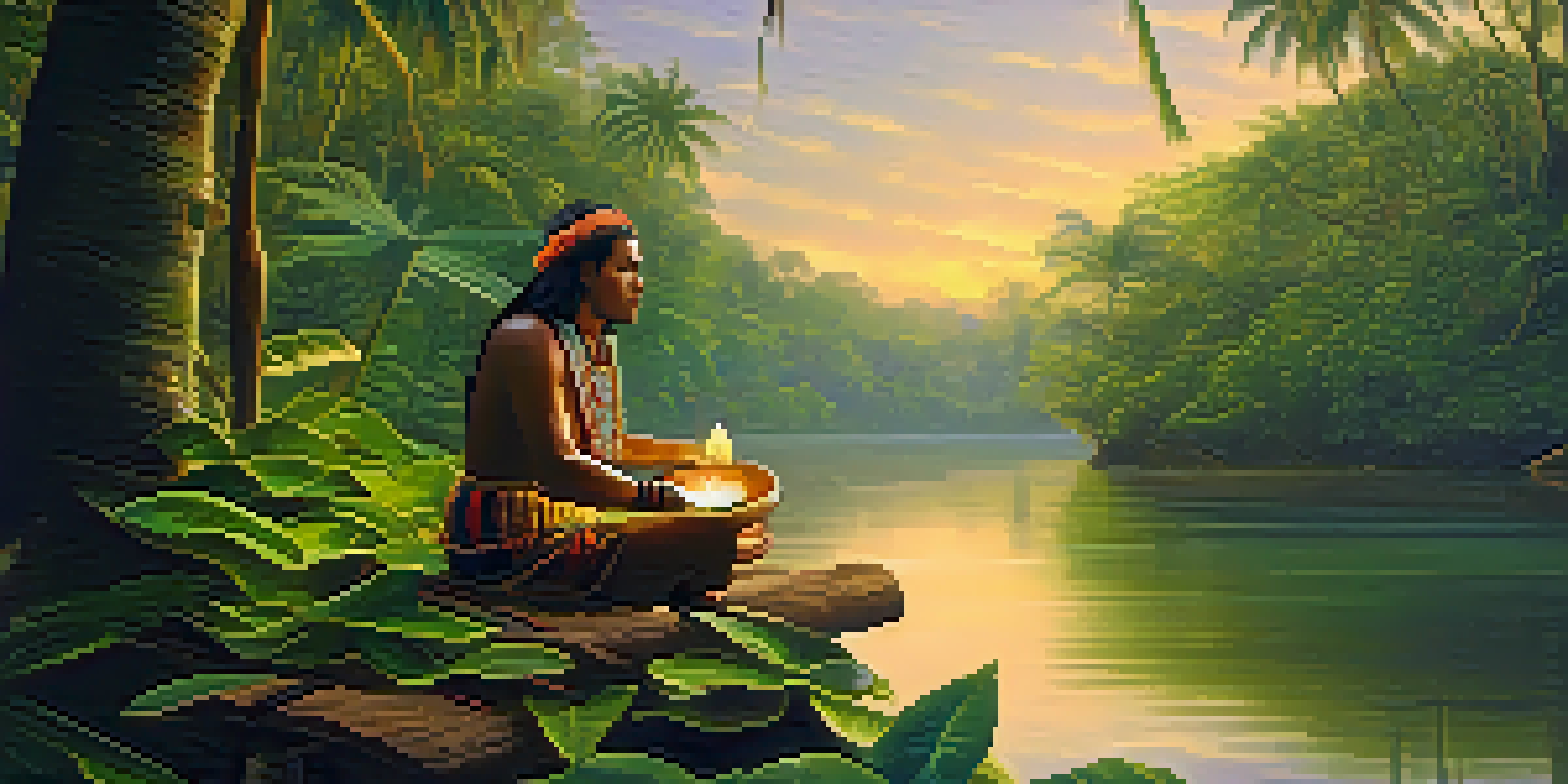 A tranquil scene of the Amazon rainforest at dawn, featuring a wooden hut, a river, and a shaman meditating with a bowl of Ayahuasca.