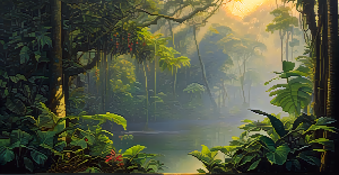 A peaceful Amazon rainforest at dawn with mist, featuring the Banisteriopsis caapi vine, lush greenery, and colorful flowers illuminated by soft sunlight.