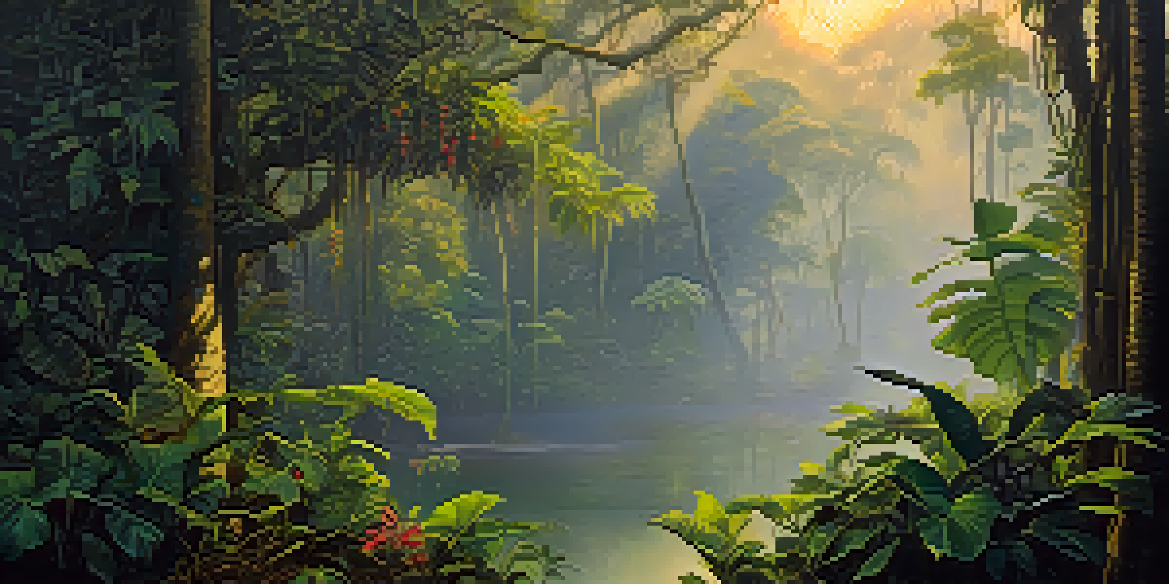 A peaceful Amazon rainforest at dawn with mist, featuring the Banisteriopsis caapi vine, lush greenery, and colorful flowers illuminated by soft sunlight.