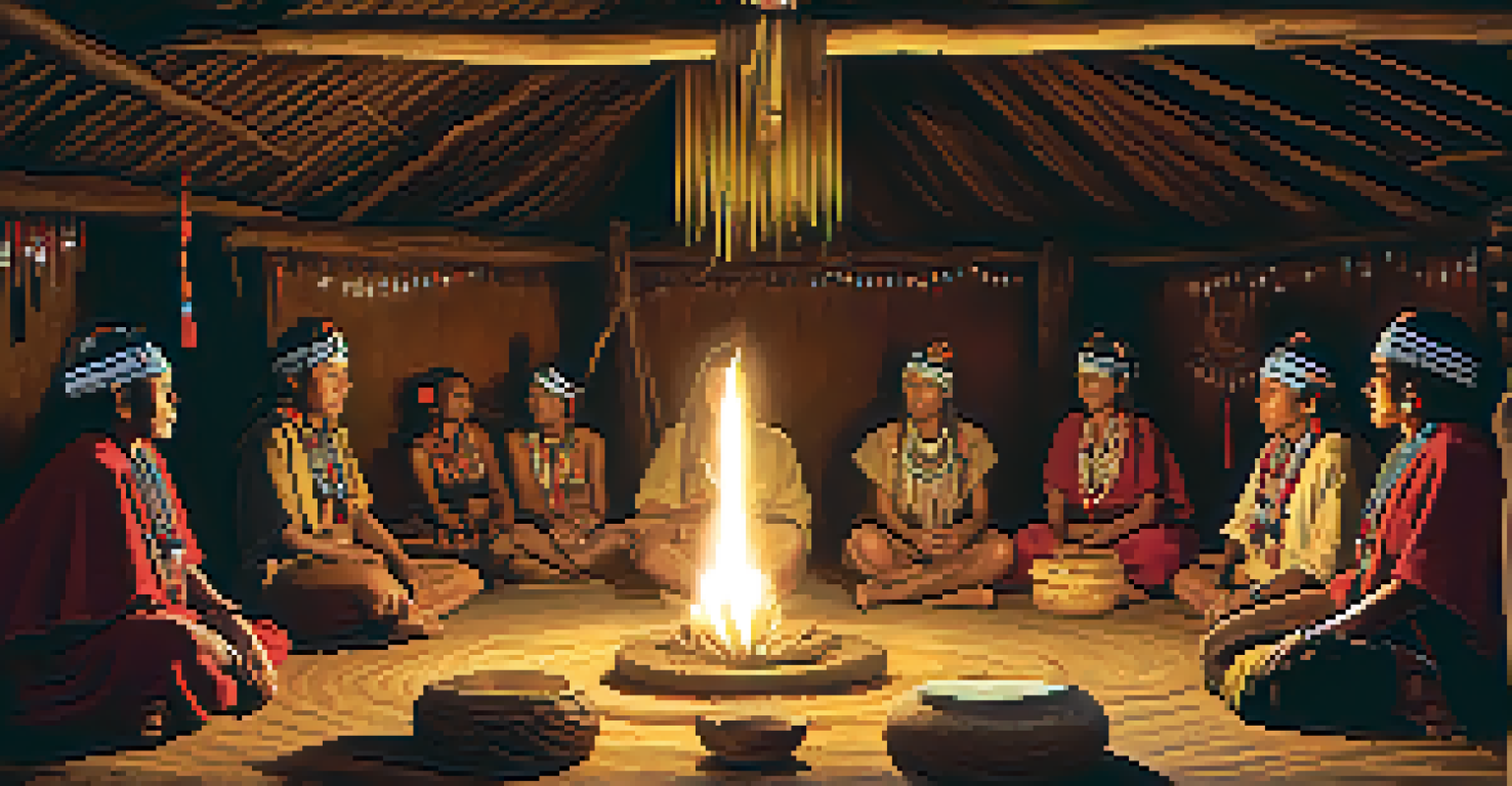 An indigenous shaman leading a ceremony in a rustic hut, with participants seated in a circle around him, illuminated by candlelight and surrounded by traditional artifacts.