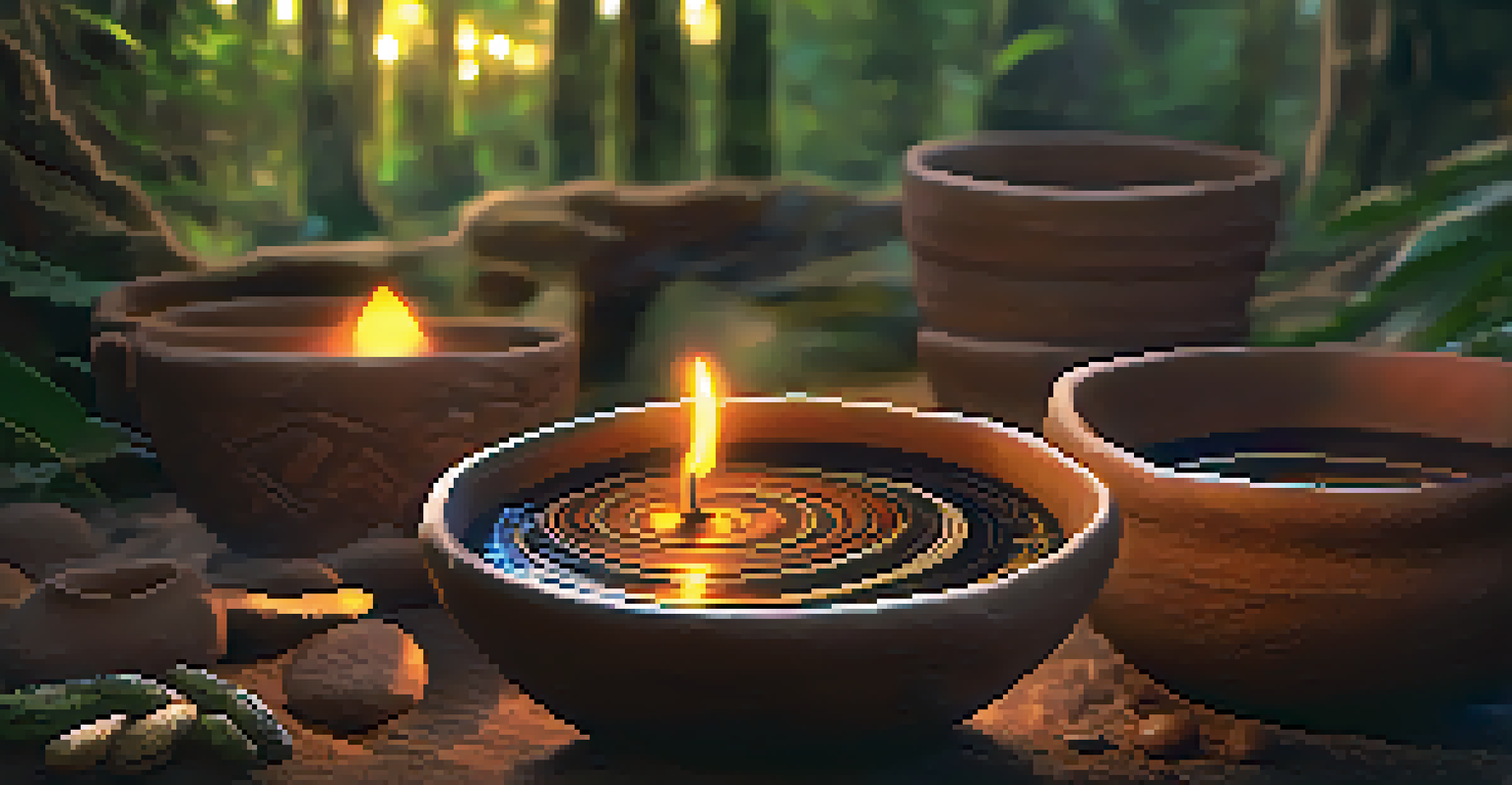A close-up of a clay cup filled with Ayahuasca brew, with blurred participants in a ceremonial setting in the background.