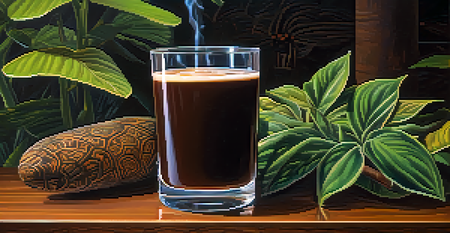 A glass of Ayahuasca with indigenous artifacts and healing plants in the background.