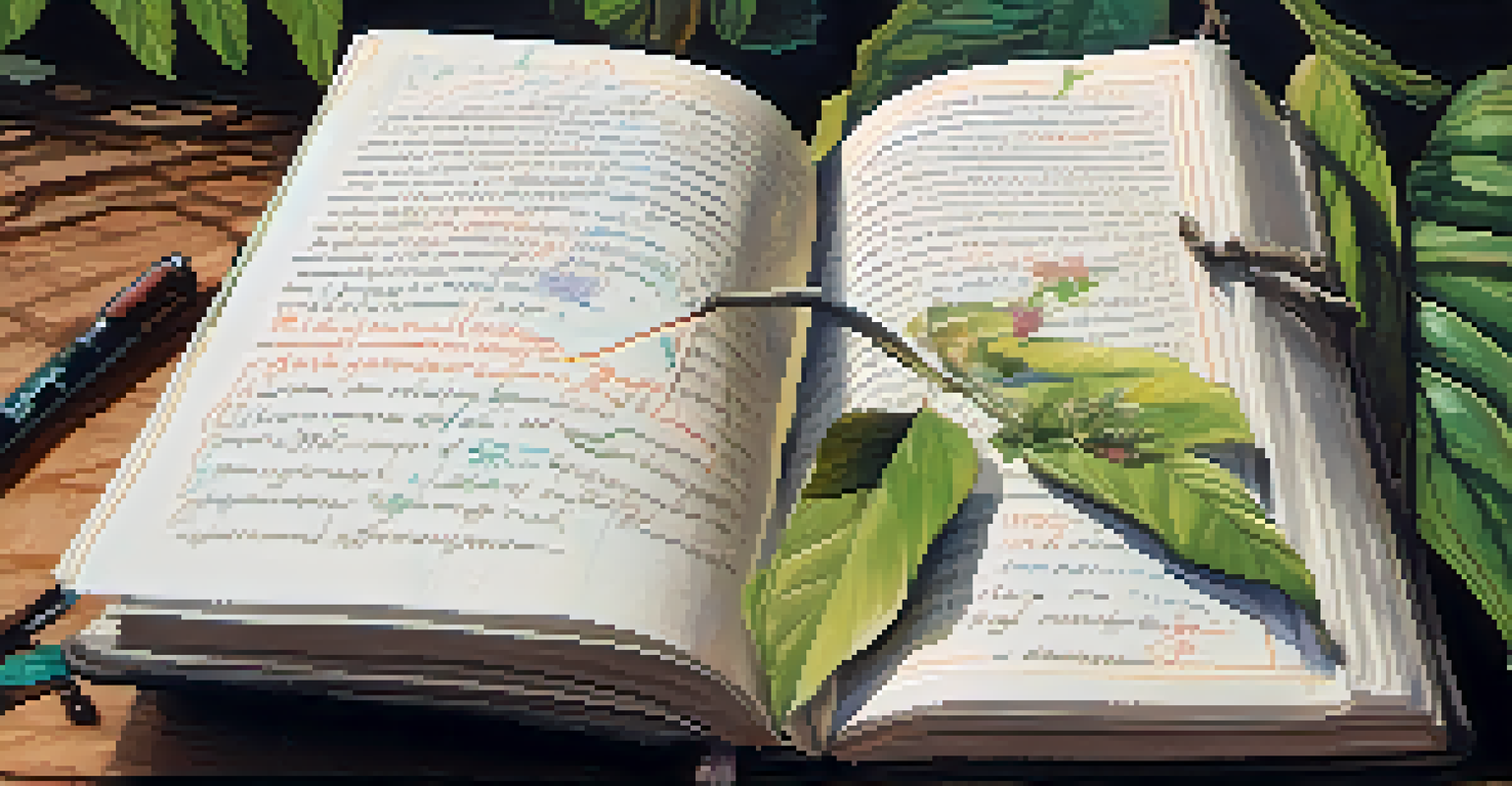 A close-up of an open journal with handwritten notes and drawings reflecting personal insights from an Ayahuasca experience, surrounded by nature.