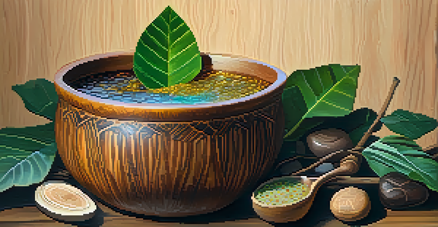 A close-up view of an Ayahuasca brew in a wooden cup, surrounded by natural elements, highlighting its earthy and serene essence.