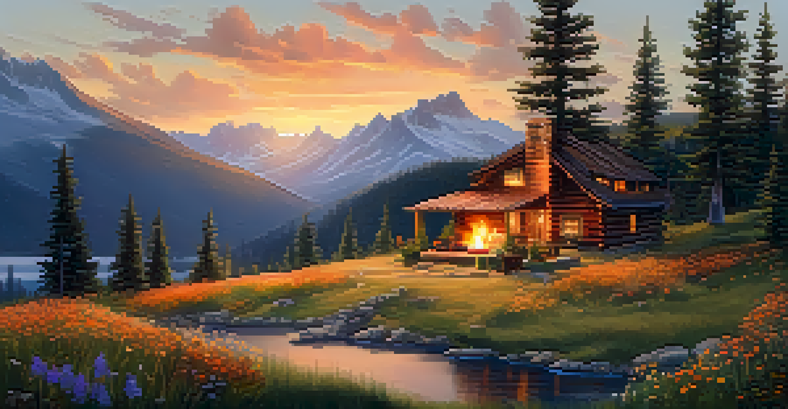 A cozy cabin in the mountains at golden hour, with people gathered around a fire pit, surrounded by blooming wildflowers and scenic mountains.