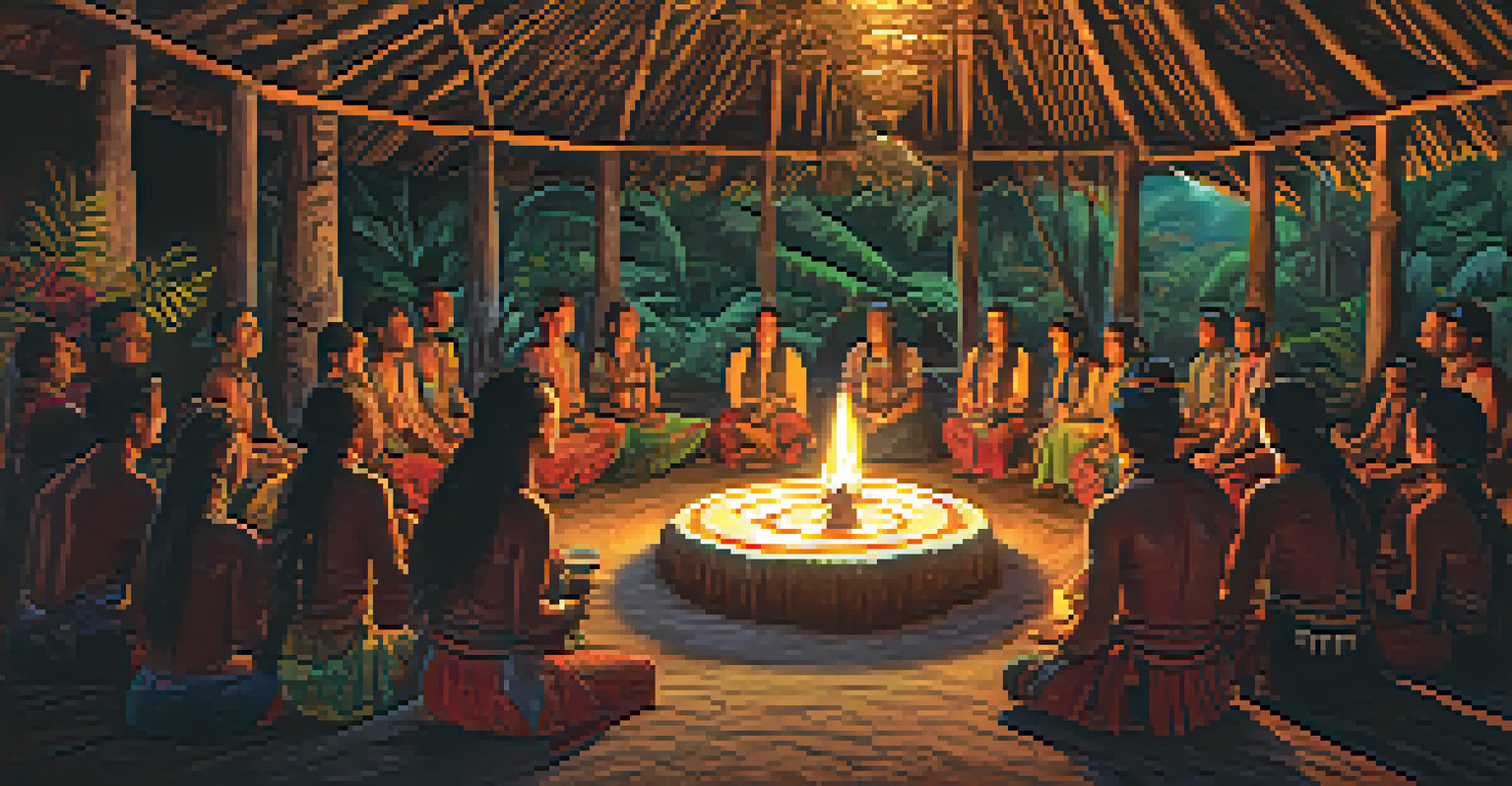 An Ayahuasca ceremony with a shaman in traditional clothing leading participants in a circle, illuminated by candlelight and surrounded by tribal tapestries.