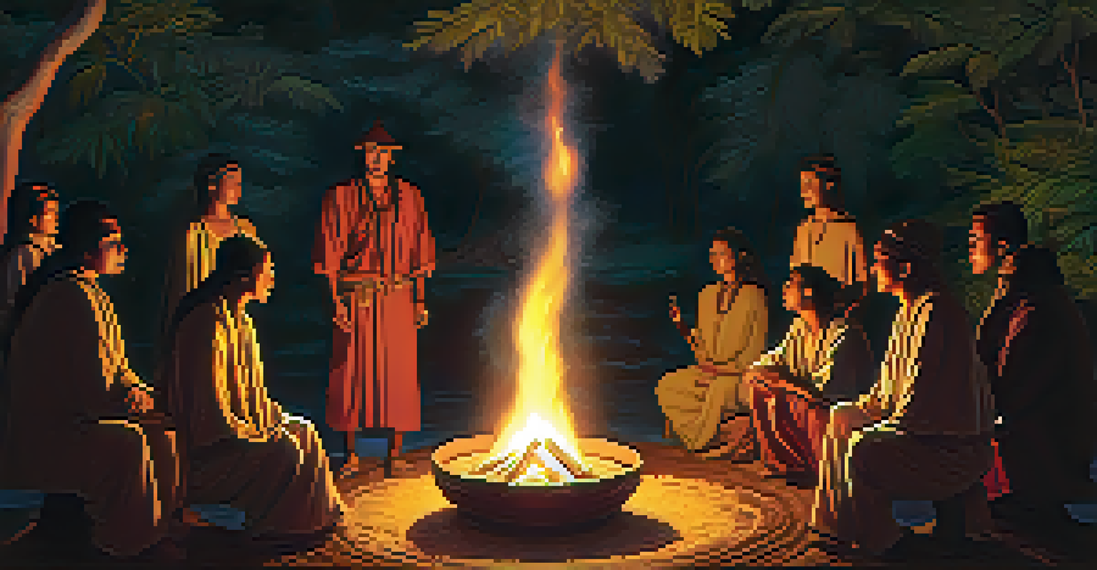 An intimate Ayahuasca ceremony under the stars with participants seated around a glowing fire, led by a shaman chanting.