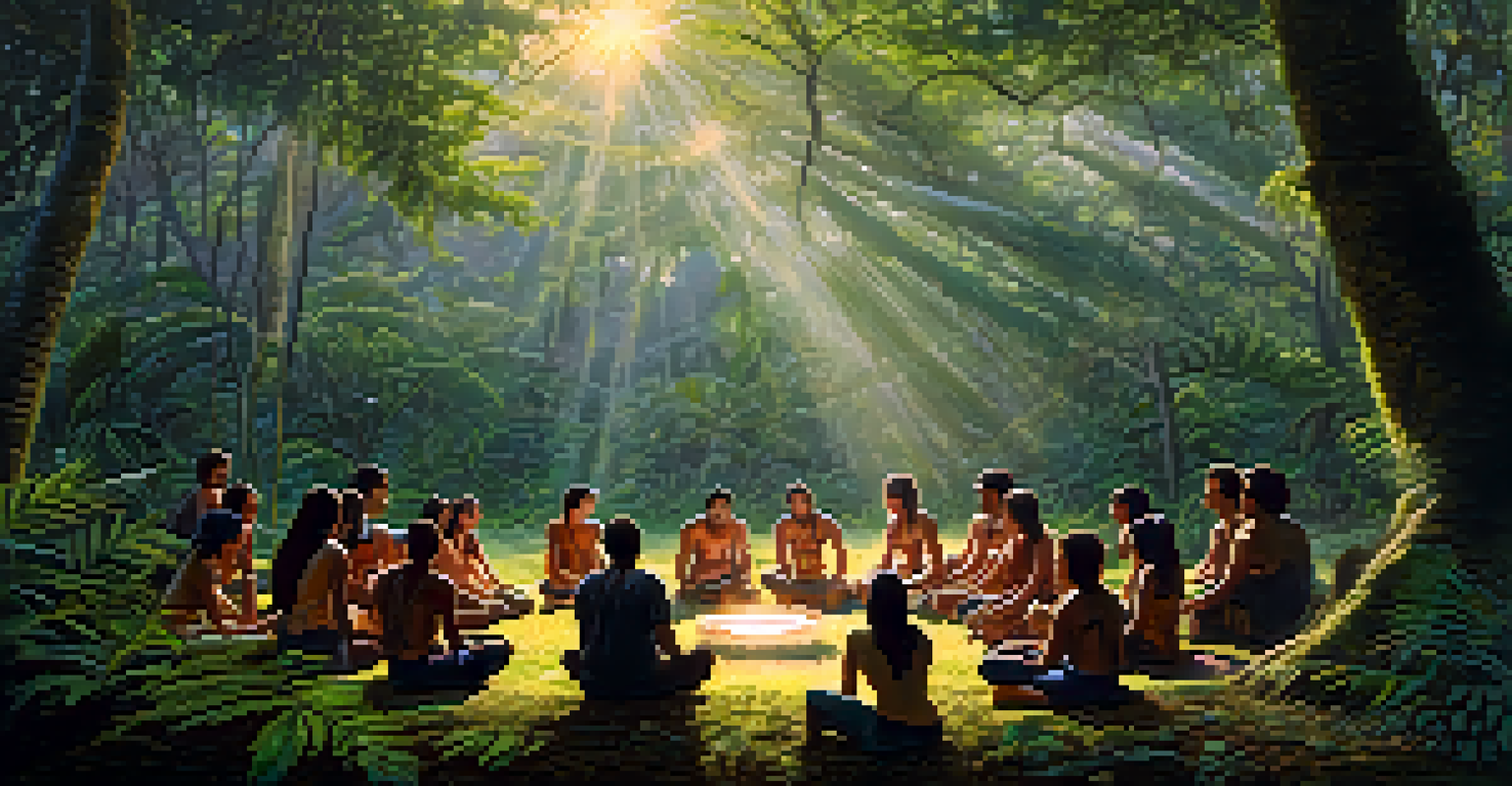 A group of people sitting in a circle on the grass in a rainforest, participating in a traditional ayahuasca ceremony under the sunlight.
