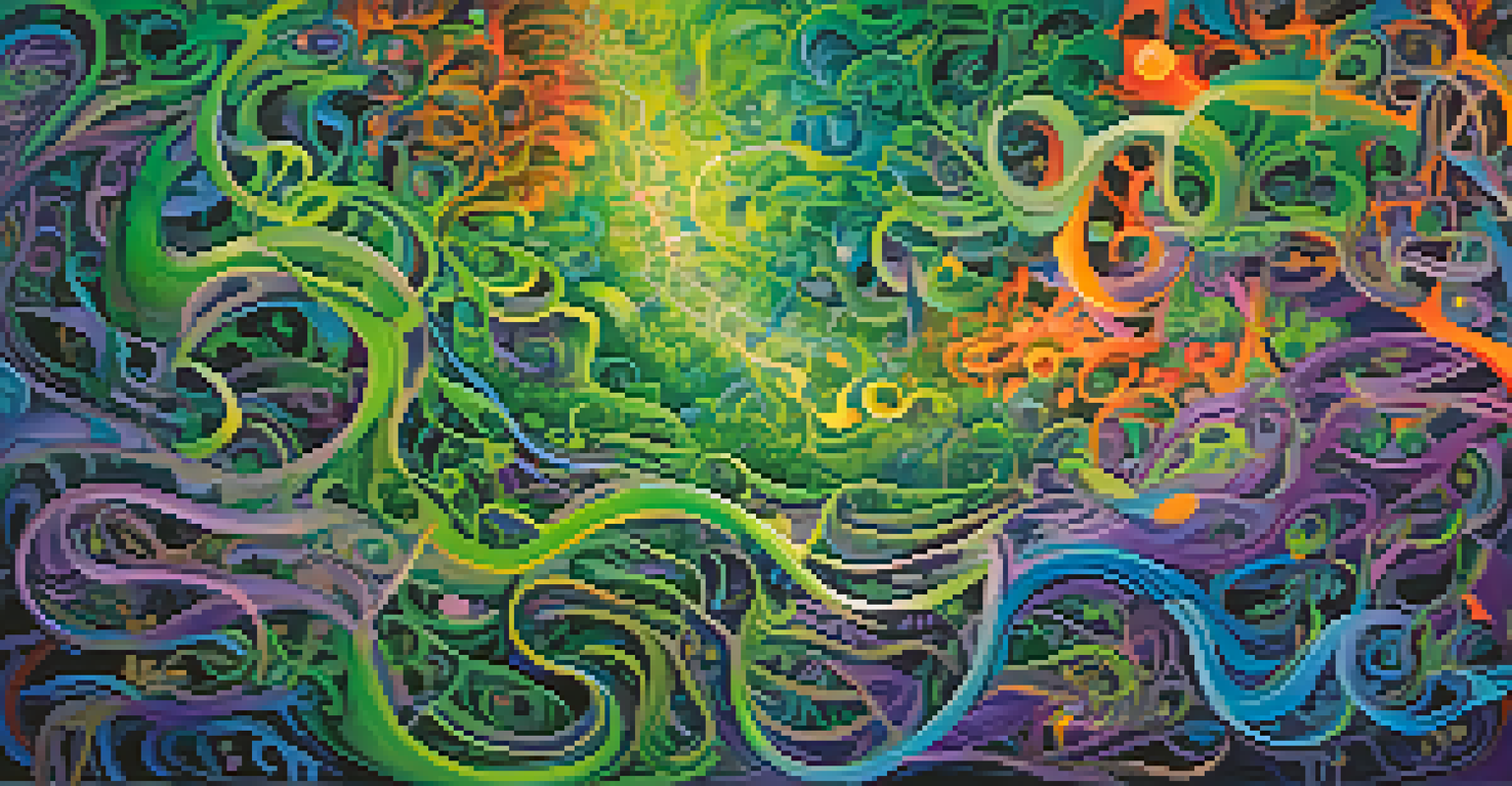 An abstract painting inspired by Ayahuasca, featuring swirling colors and intricate patterns resembling plants and vines, with vibrant hues blending harmoniously.