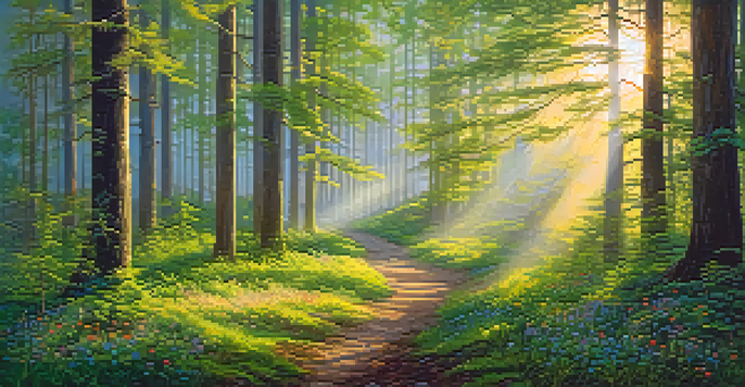 A tranquil forest with sunlight filtering through the trees, creating a misty and dreamlike atmosphere.