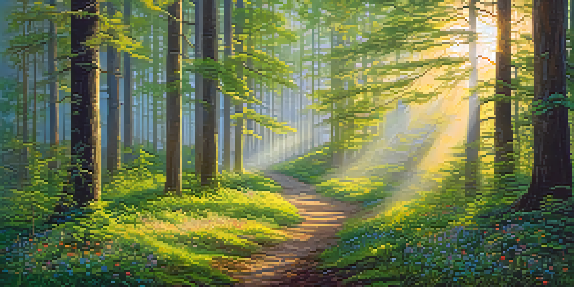 A tranquil forest with sunlight filtering through the trees, creating a misty and dreamlike atmosphere.