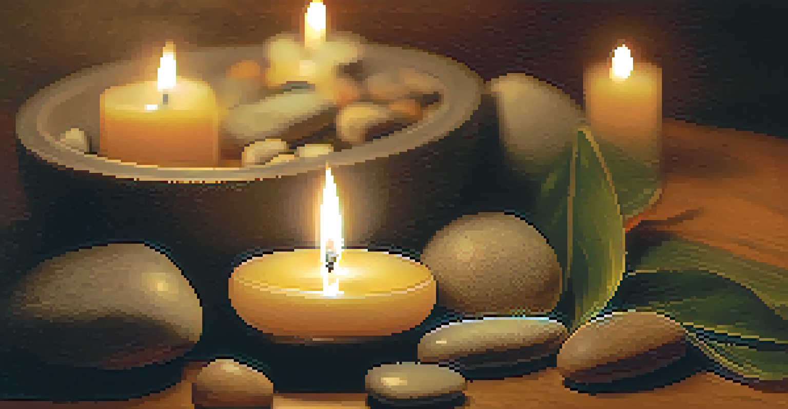 A close-up of a flickering candle surrounded by stones and leaves, creating a tranquil atmosphere.