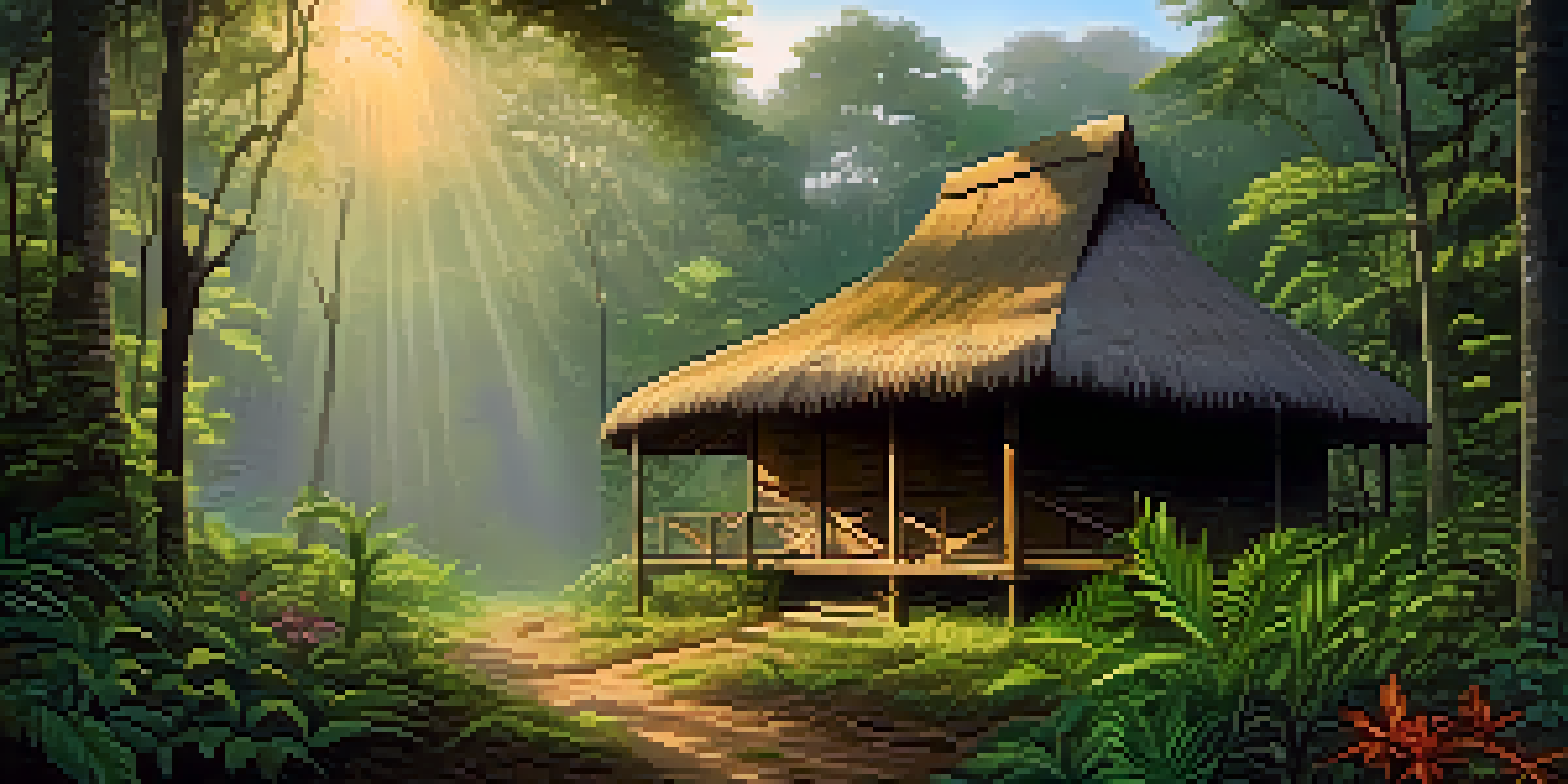 A tranquil Amazon rainforest at dawn with mist, a wooden hut, and sunlight filtering through the trees.