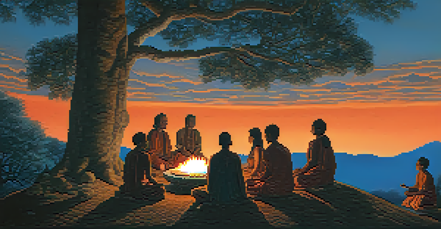 Participants meditating around a glowing fire during an Ayahuasca ceremony at dusk, with a shaman guiding them in a tranquil forest setting.