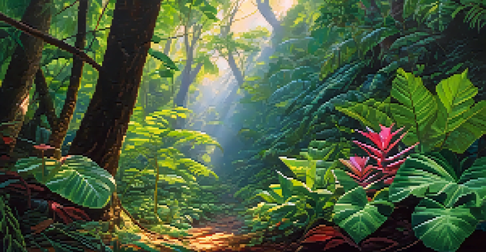 A vibrant Amazon rainforest with diverse plants and the Banisteriopsis caapi vine, illuminated by sunlight filtering through the trees.