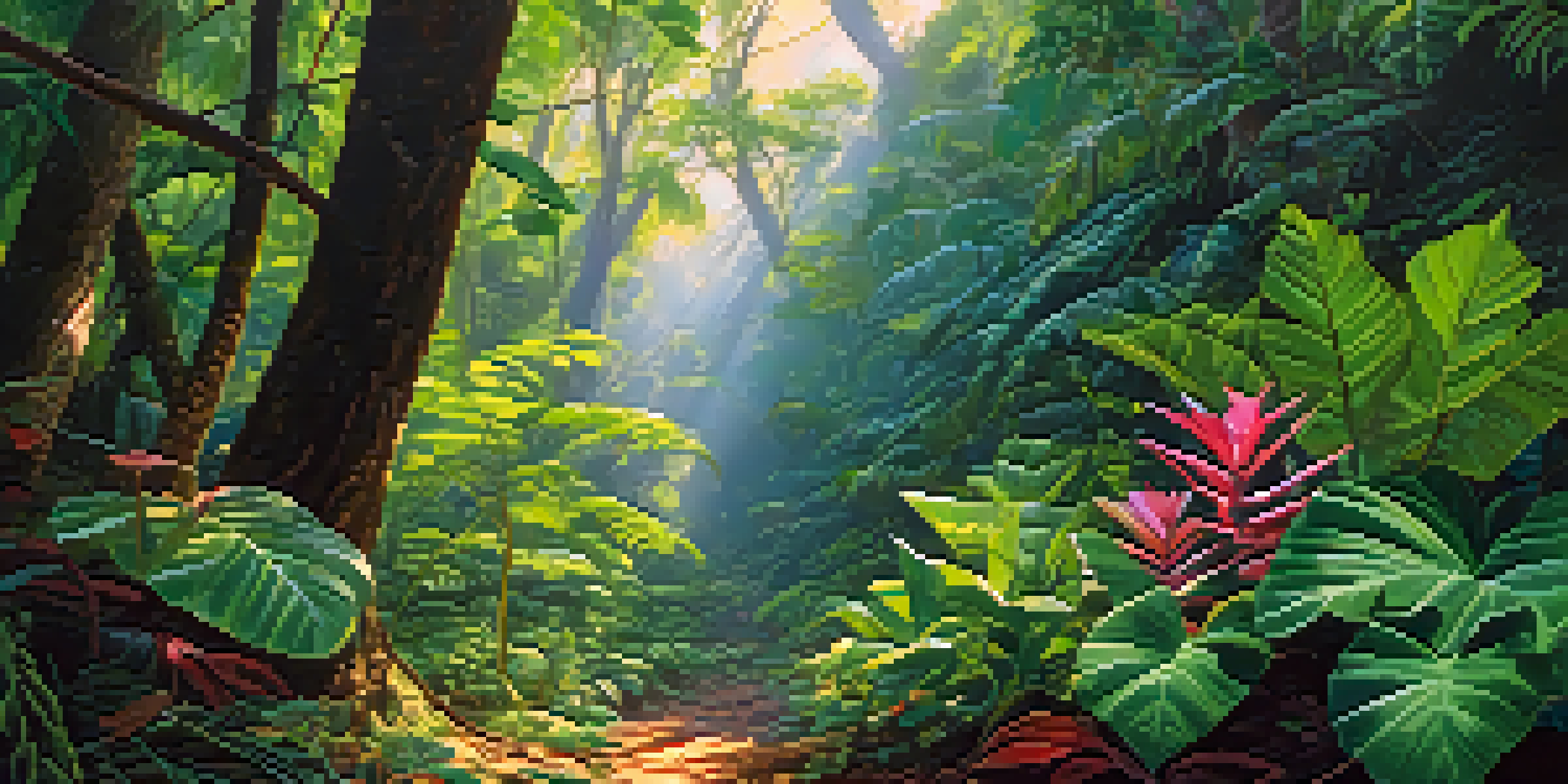 A vibrant Amazon rainforest with diverse plants and the Banisteriopsis caapi vine, illuminated by sunlight filtering through the trees.