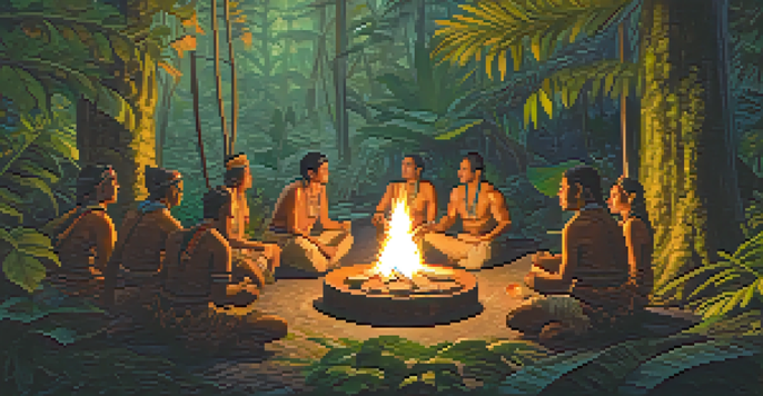 A peaceful scene of an Ayahuasca ceremony in the Amazon rainforest, with participants gathered around a fire and a shaman leading the experience.