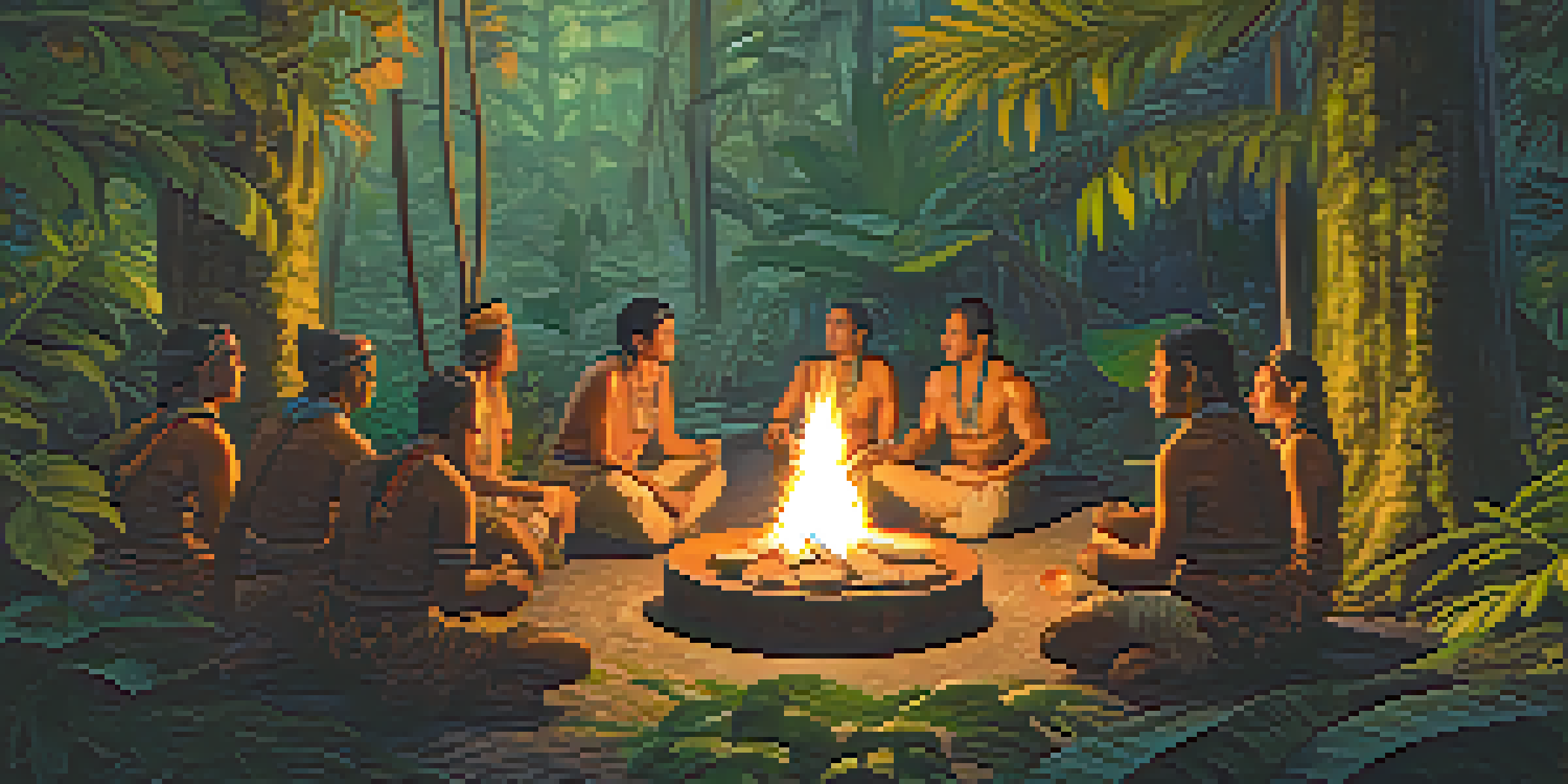 A peaceful scene of an Ayahuasca ceremony in the Amazon rainforest, with participants gathered around a fire and a shaman leading the experience.