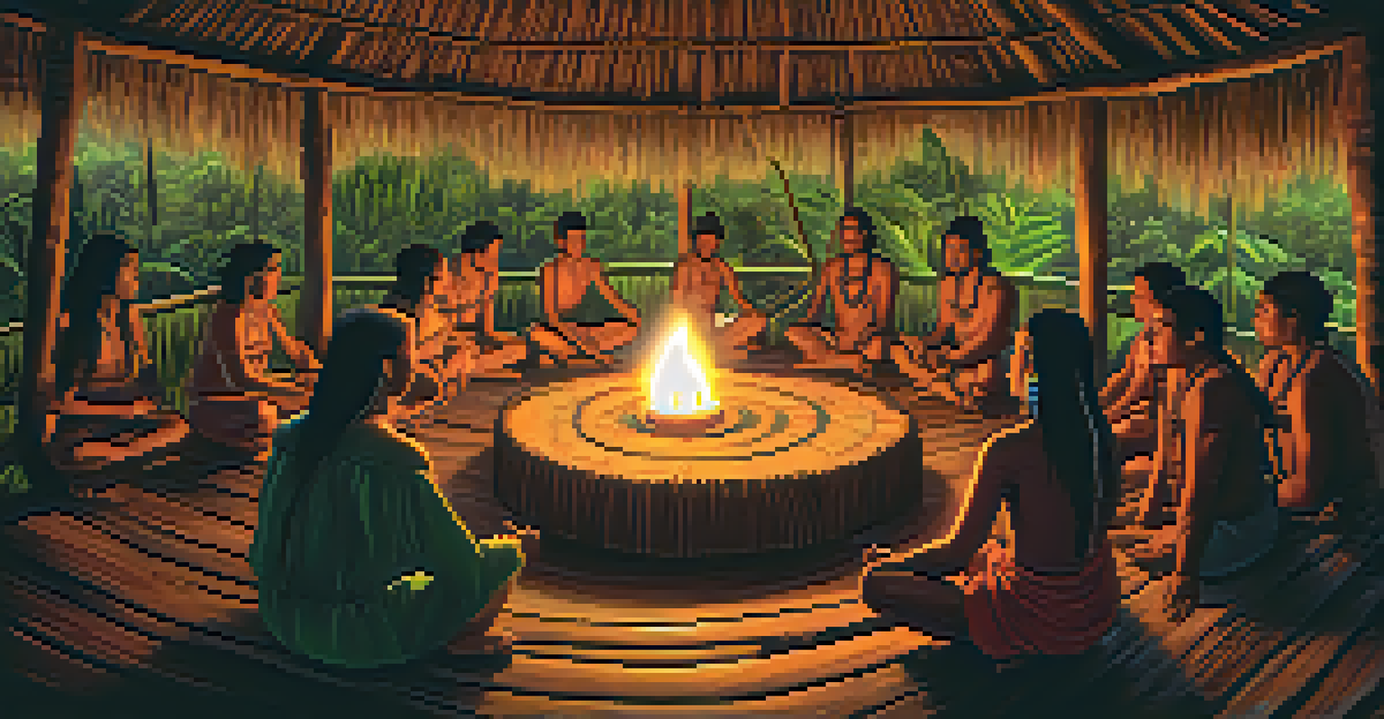 An ayahuasca ceremony in a wooden hut with a shaman guiding participants seated in a circle, illuminated by candlelight.