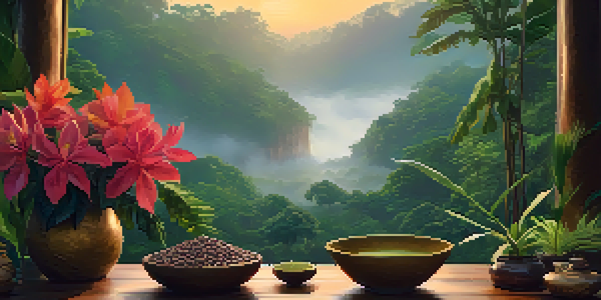 A peaceful scene in the Amazon rainforest at dawn, featuring a clay bowl of Ayahuasca brew on a wooden table surrounded by colorful tropical flowers.