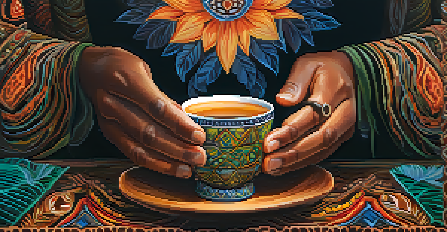 A close-up of hands holding a cup of Ayahuasca brew with a colorful natural background.