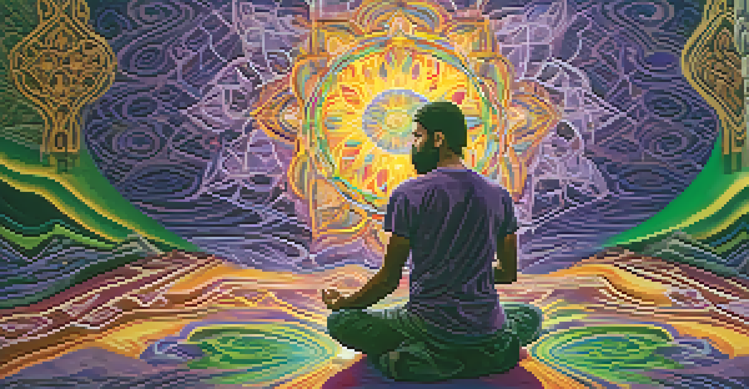 A person meditating surrounded by swirling colors and abstract patterns, representing inner reflection during an Ayahuasca experience.