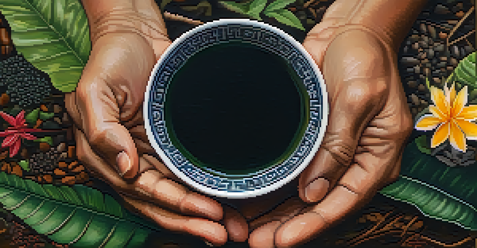 A close-up of hands holding a small cup of Ayahuasca brew, with a softly blurred natural background of leaves and flowers, illuminated by warm sunlight.