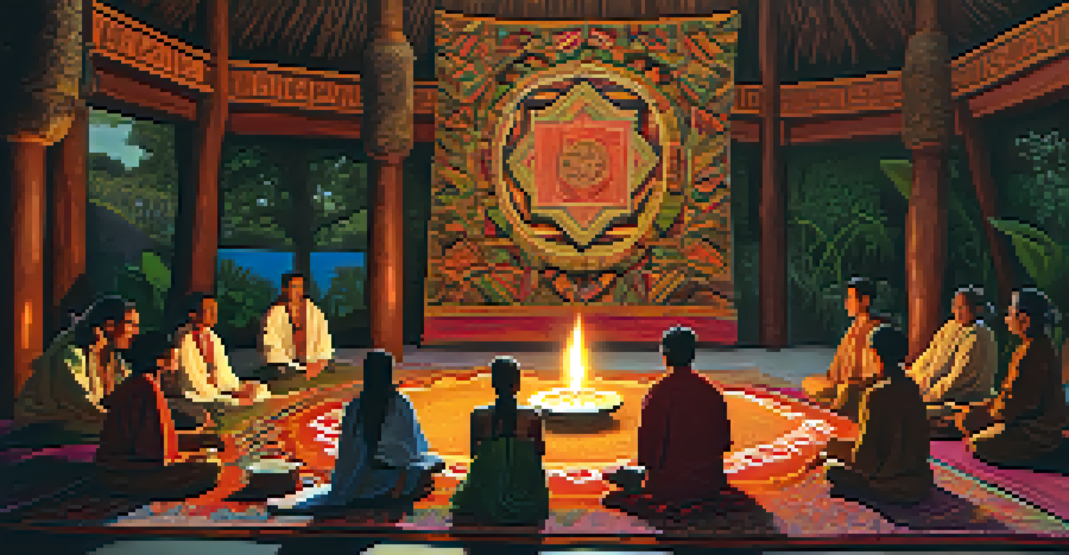 A traditional ayahuasca ceremony with participants seated in a circle and a shaman in traditional attire, surrounded by warm candlelight.