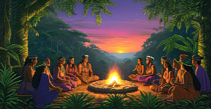 A peaceful scene of an ayahuasca ceremony in the Amazon rainforest, with a shaman and participants gathered around a fire at dusk.