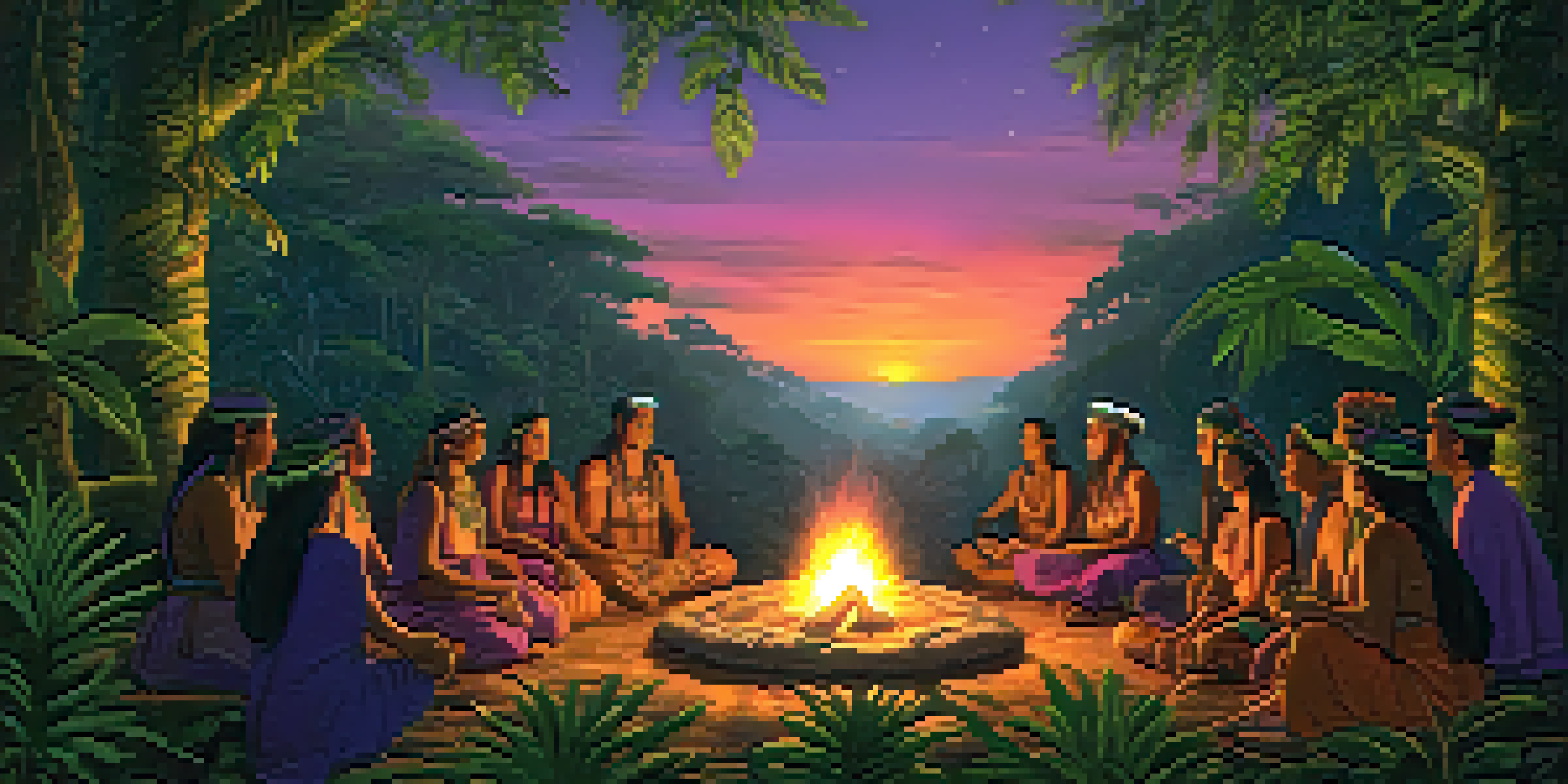 A peaceful scene of an ayahuasca ceremony in the Amazon rainforest, with a shaman and participants gathered around a fire at dusk.