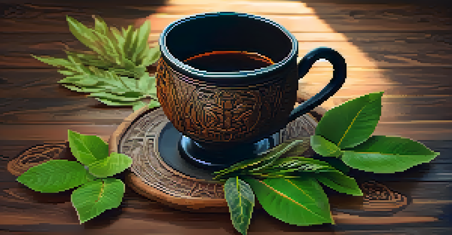 A close-up of a ceremonial cup filled with ayahuasca, featuring intricate carvings and surrounded by fresh leaves and flowers on a wooden table.
