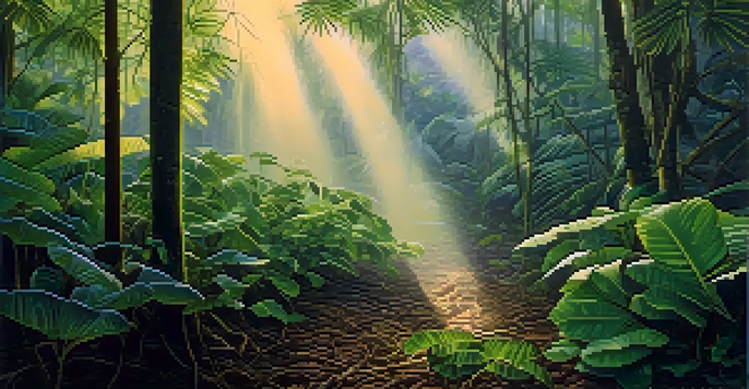 A tranquil scene in the Amazon rainforest with green vines and leaves, illuminated by soft golden dawn light, surrounded by mist.
