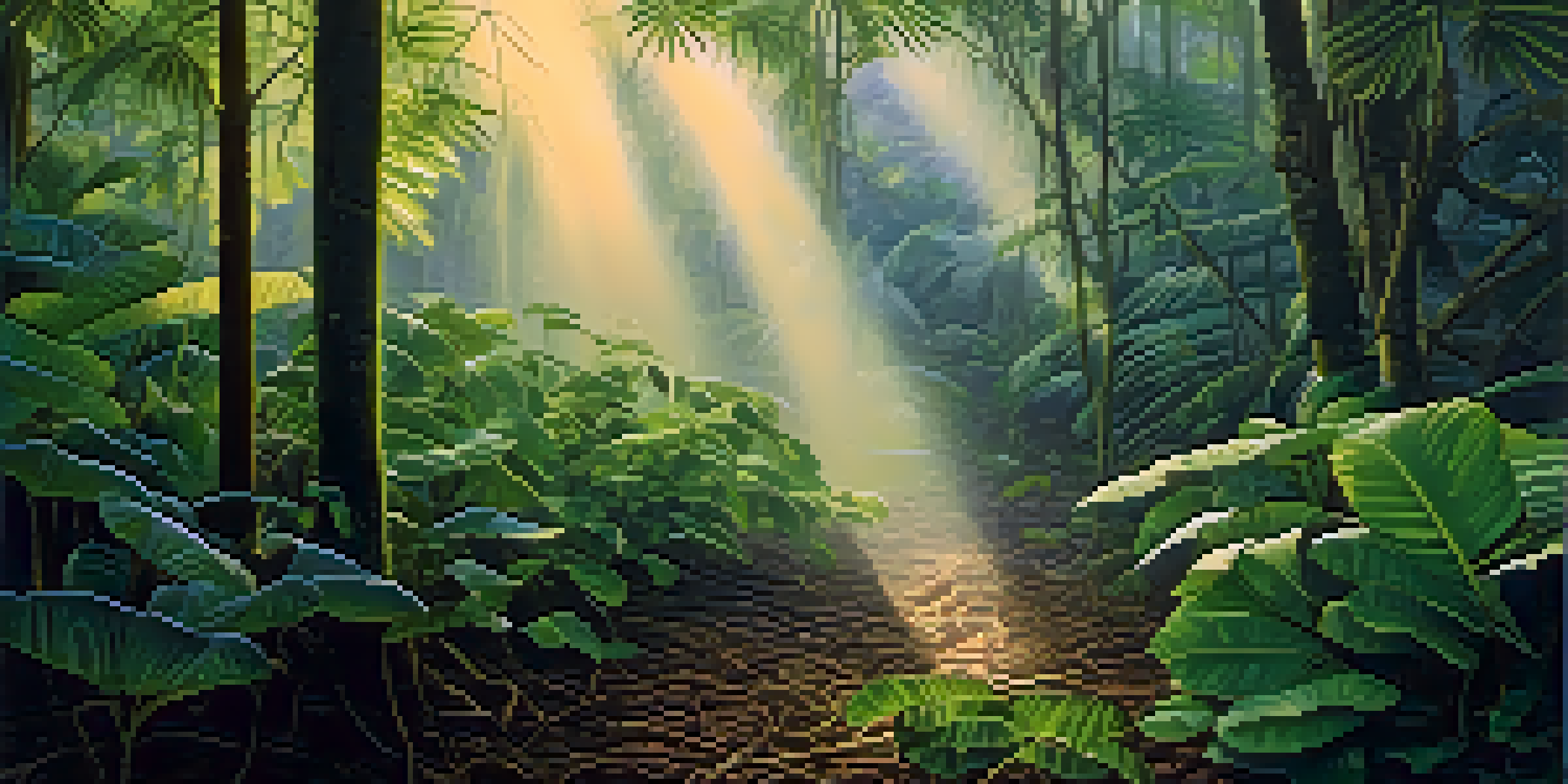 A tranquil scene in the Amazon rainforest with green vines and leaves, illuminated by soft golden dawn light, surrounded by mist.