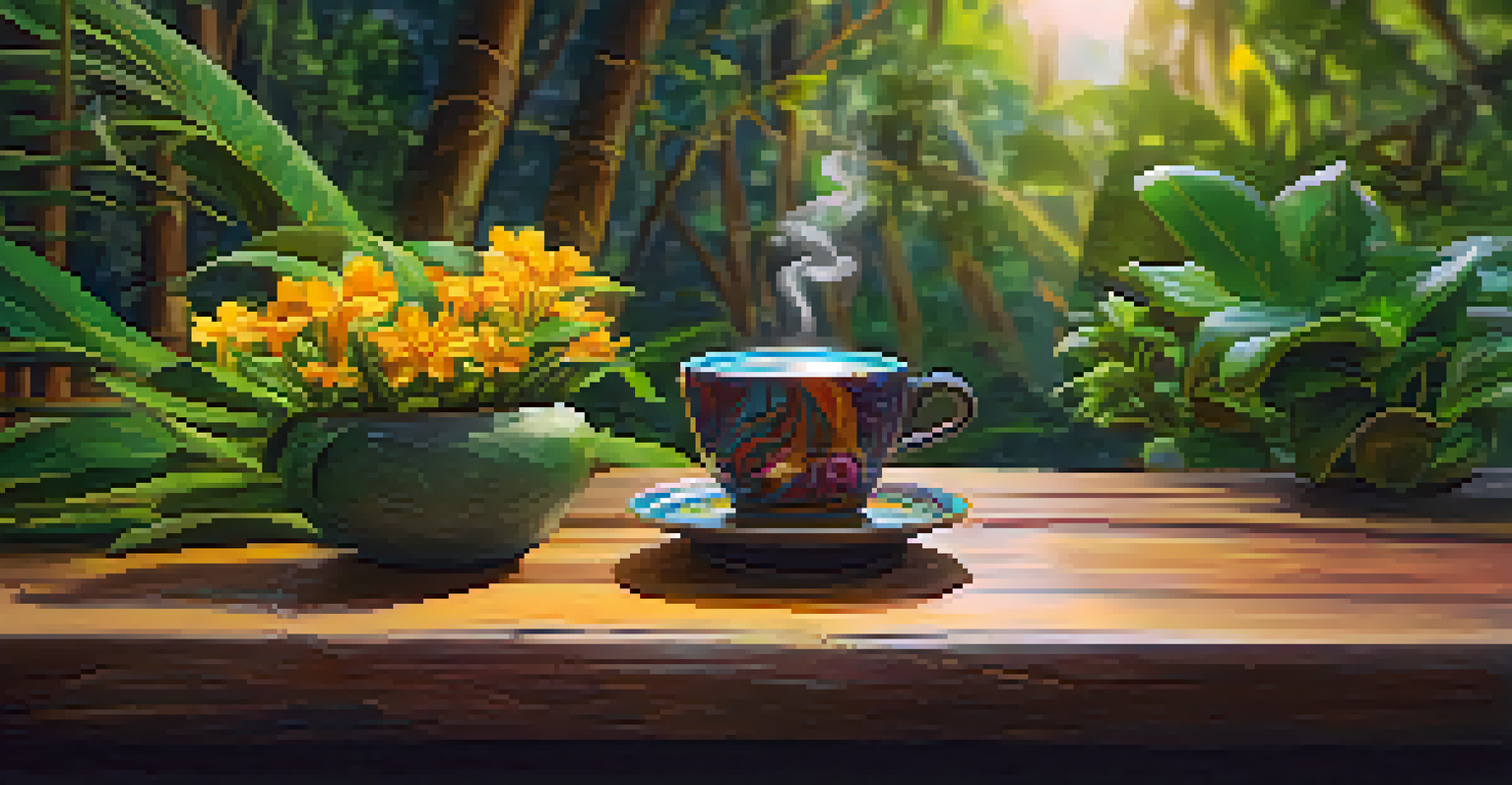A close-up of a ceramic cup filled with Ayahuasca brew on a wooden table, surrounded by leaves and flowers.