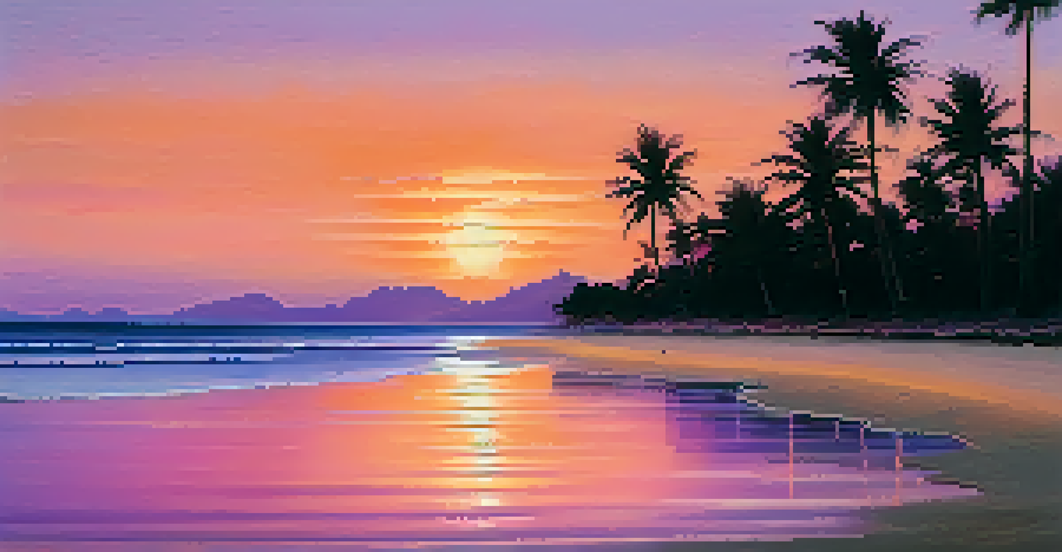 A beautiful beach at sunset with colorful skies, calm waves, and palm tree silhouettes.