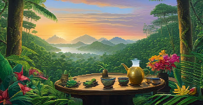 A peaceful scene in the Amazon rainforest at dawn with lush greenery and a traditional Ayahuasca brew on a wooden table.