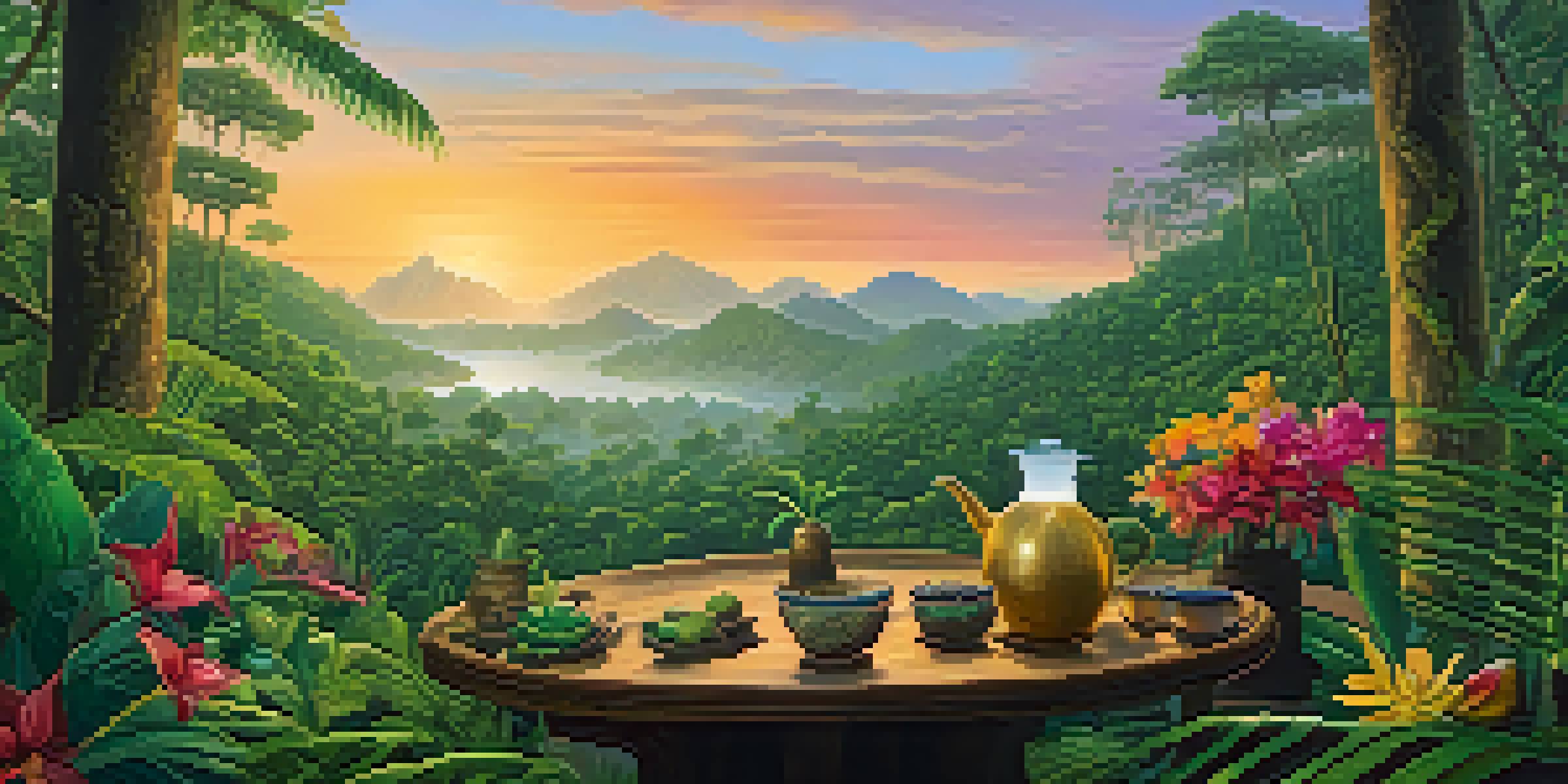A peaceful scene in the Amazon rainforest at dawn with lush greenery and a traditional Ayahuasca brew on a wooden table.