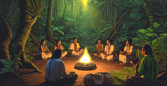 A peaceful Ayahuasca ceremony in a rainforest with participants surrounding a fire and a shaman in traditional clothing.
