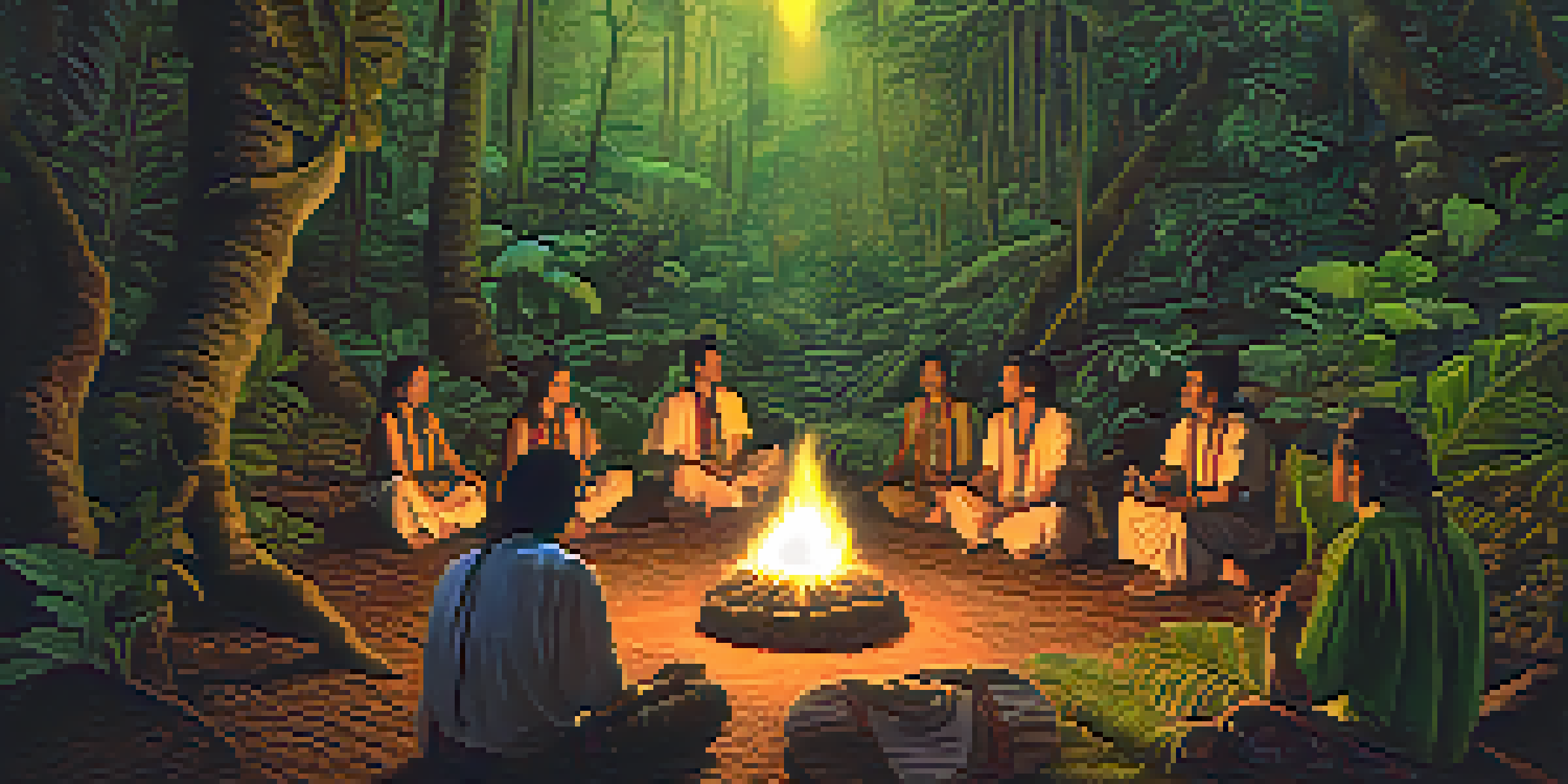 A peaceful Ayahuasca ceremony in a rainforest with participants surrounding a fire and a shaman in traditional clothing.
