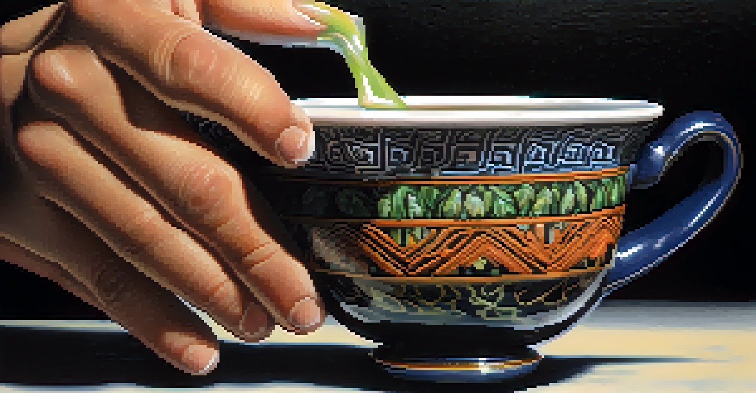 A close-up of a hand holding a ceramic cup filled with dark liquid, set against a blurred green background.