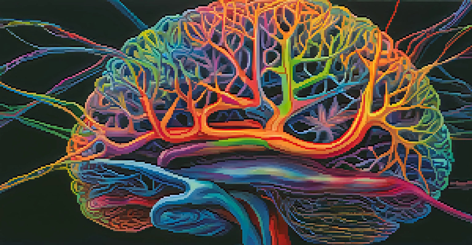 An artistic depiction of a brain illuminated with colors, showcasing neural connections influenced by Ayahuasca.